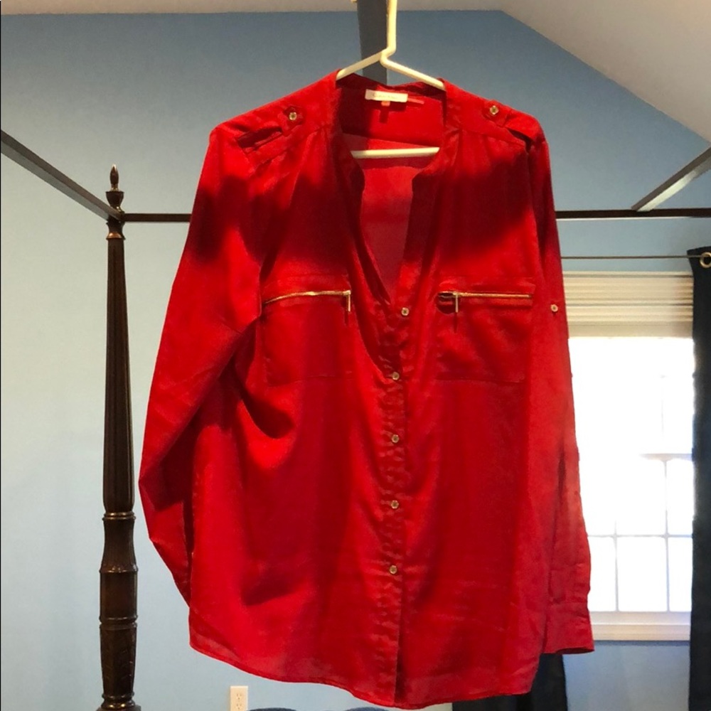 Calvin Klein Red Silk Button Down Blouse, XL